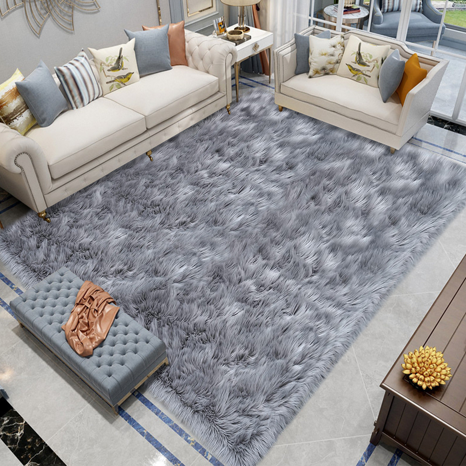Everly Quinn Modern Handmade Shag Faux Sheepskin Gray Area Rug