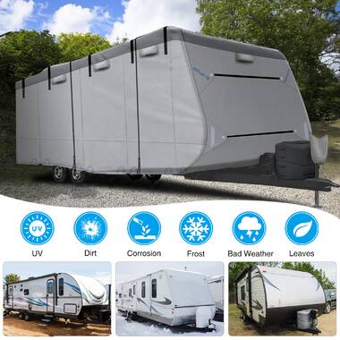 Fits 14'-16' RV VINPATIO Travel Trailer Cover 2022 Upgraded 6 Layers Top RV Cover Heavy Duty Windproof Anti-UV Camper Cover with RV Accessories,1 Tongue Jack Cover 6 Gutter Covers 2 Extra Straps 