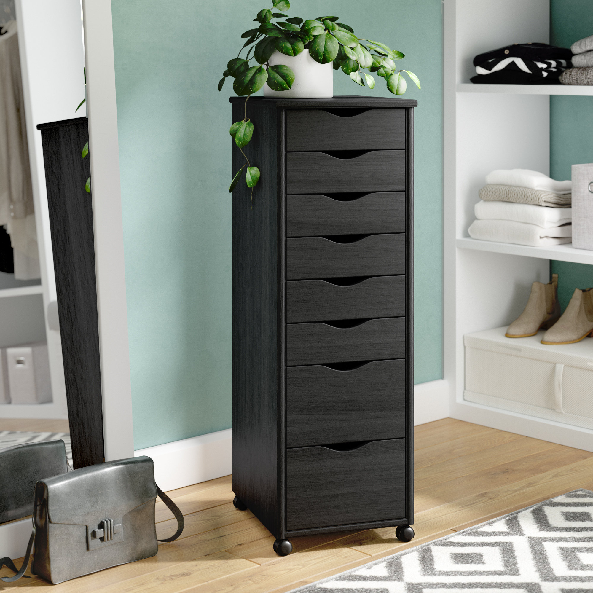 Black Plastic Tower Storage unit with 7 wide Drawers on wheels for Home & Office 