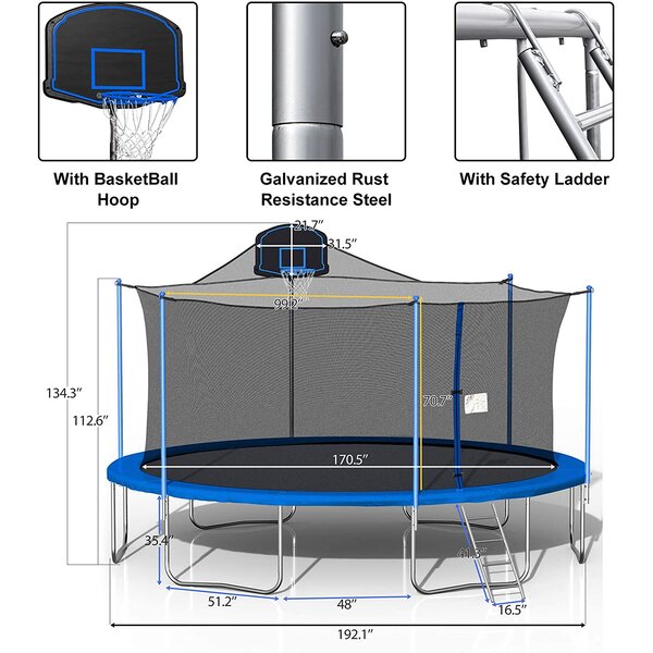 ASTM & Chemical Test Approved 16FT Tram-políne with Enclosure CPC 1000LBS Tram-políne for Adults Kids Outdoor Family Jumping Tram-políne for 6-8 Kids Basketball Hoop and Ladder 