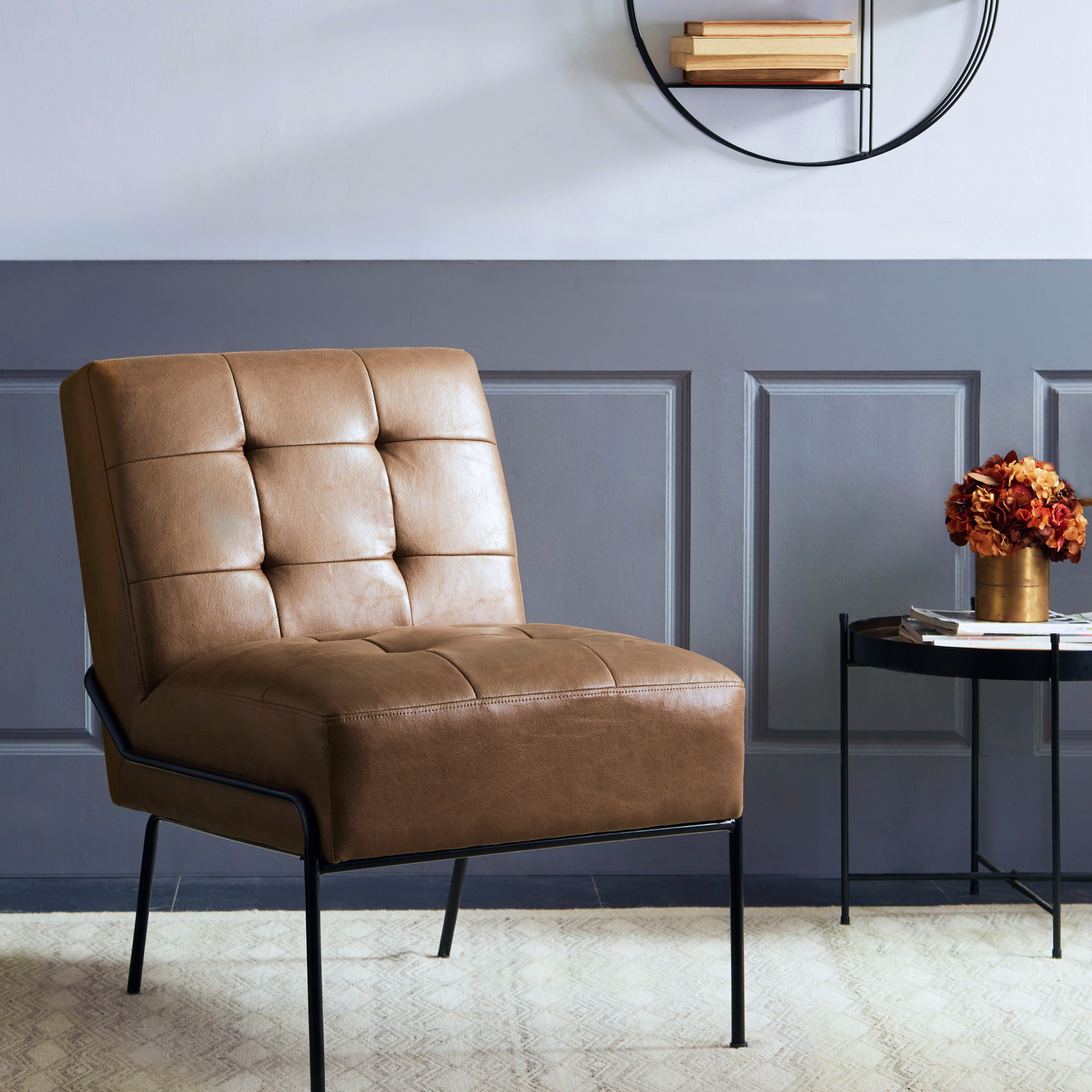 Armless Tufted Upholstered Accent Chair with Metal Legs