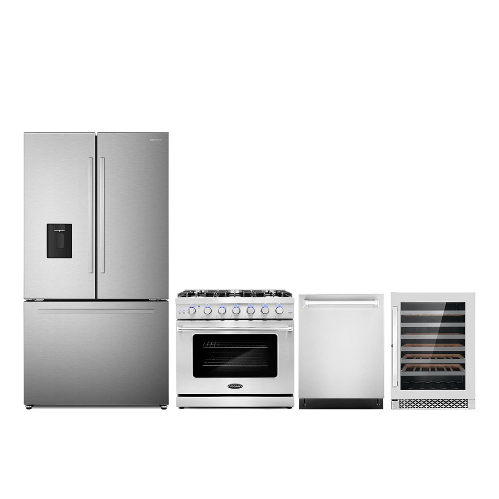 Cosmo 4 Piece Kitchen Package With 36" Freestanding Gas Range 24" Built