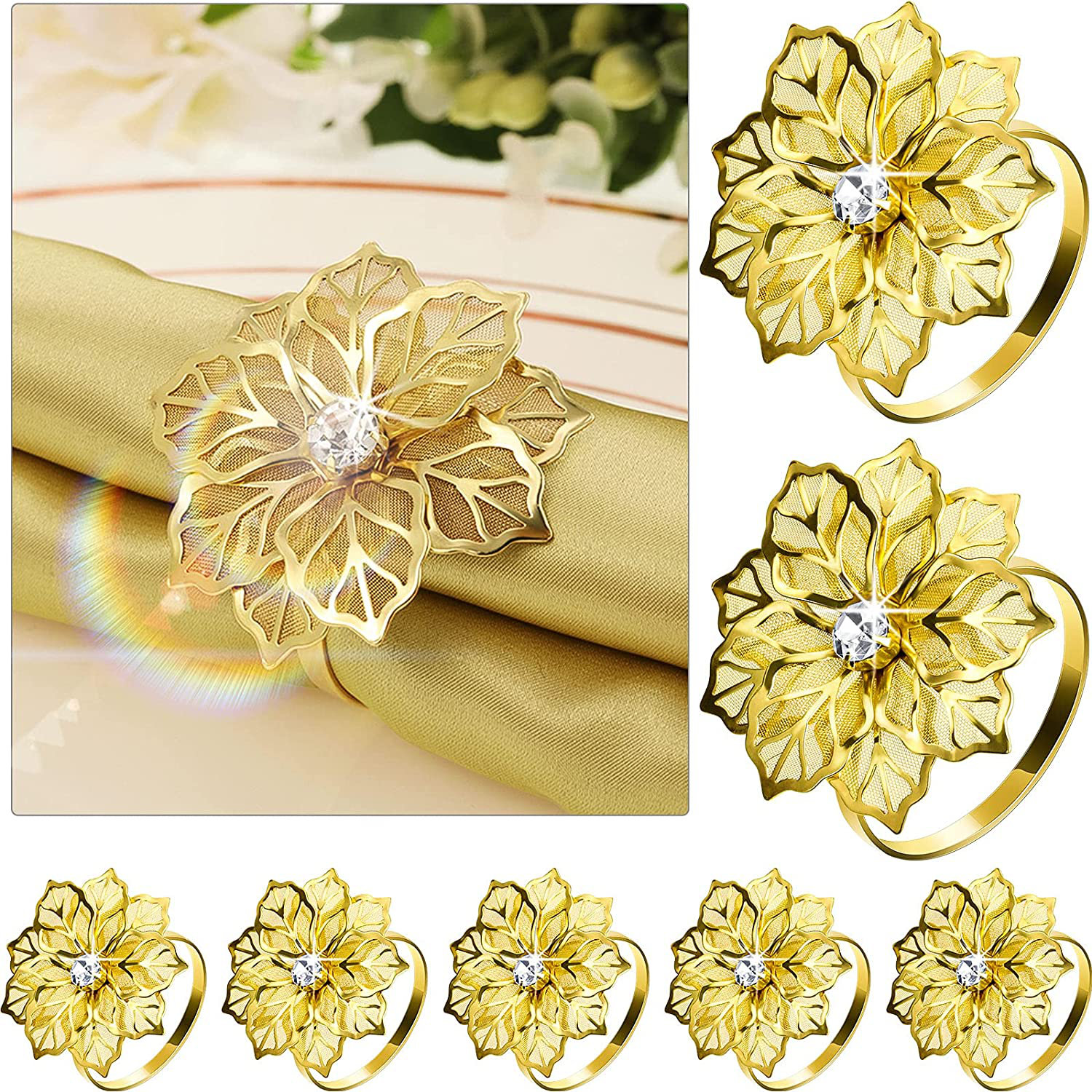 Gold TTOYOUU Set of 12 Alloy Napkin Rings with Hollow Out Flower for Wedding Banquet Christmas Dinner Decor Favor 