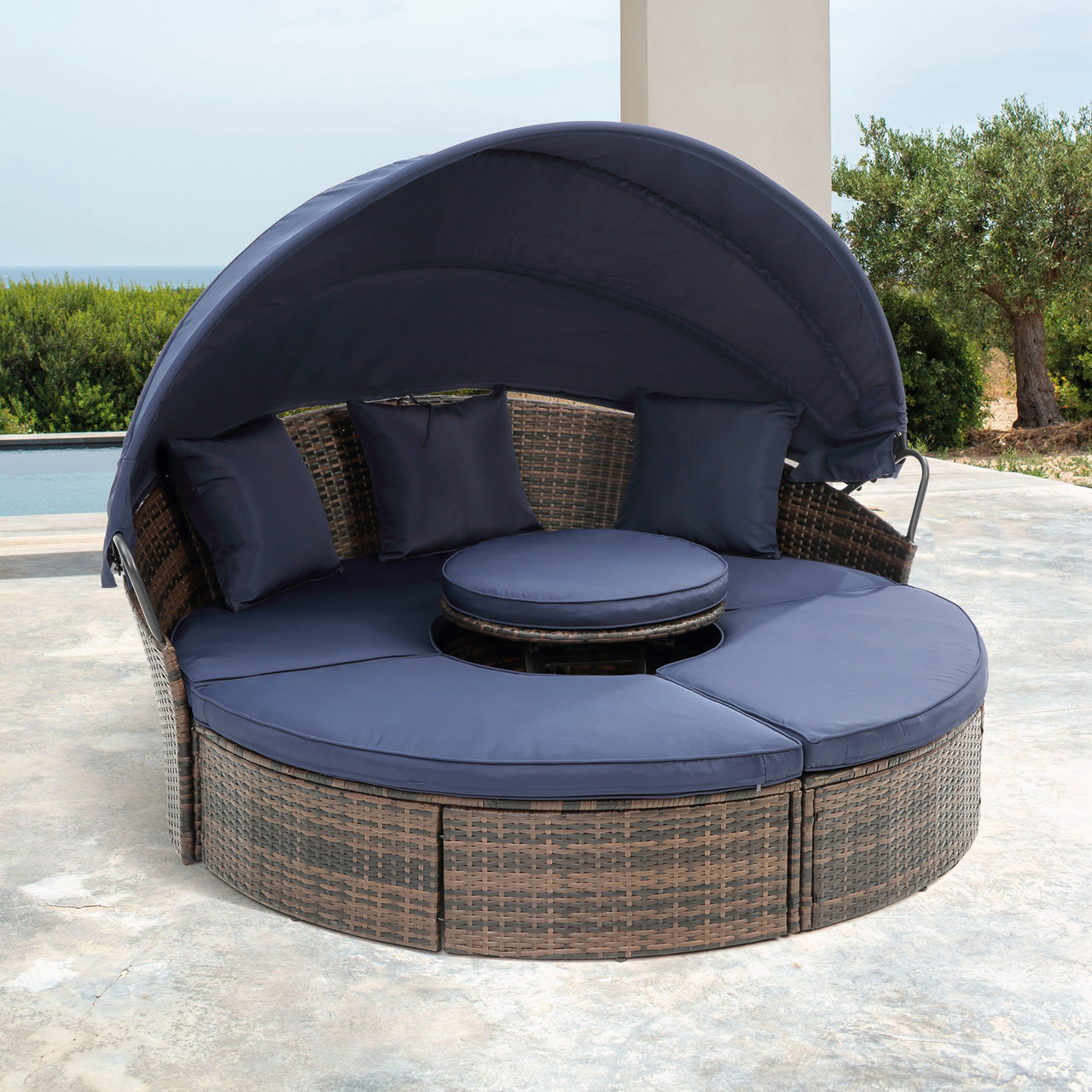 Latitude Run® Rattan Round Lounge With Canopy Bali Canopy Bed Outdoor