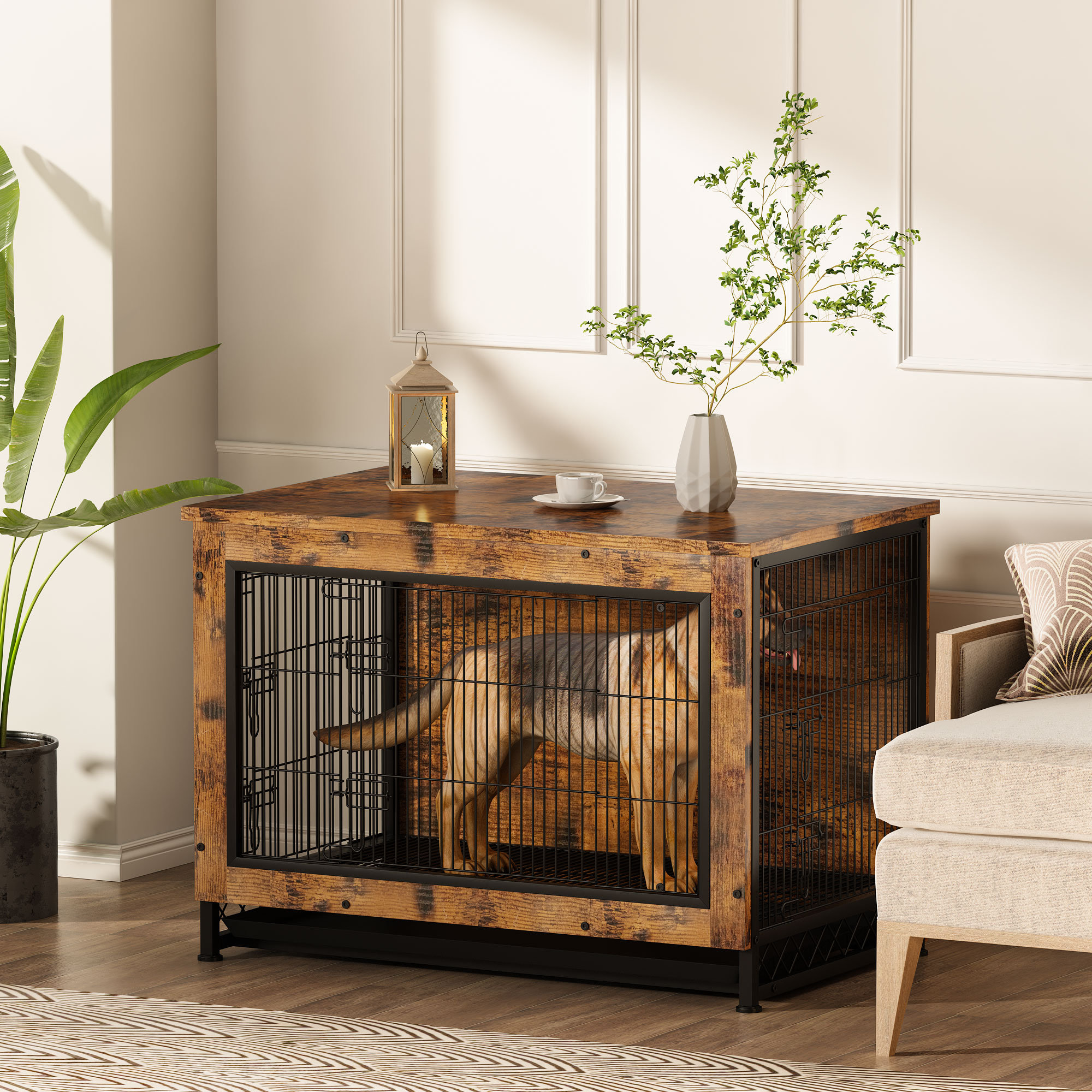 Tucker Murphy Pet Industrial Style Rustic Brown Wooden Dog Kennel With 
