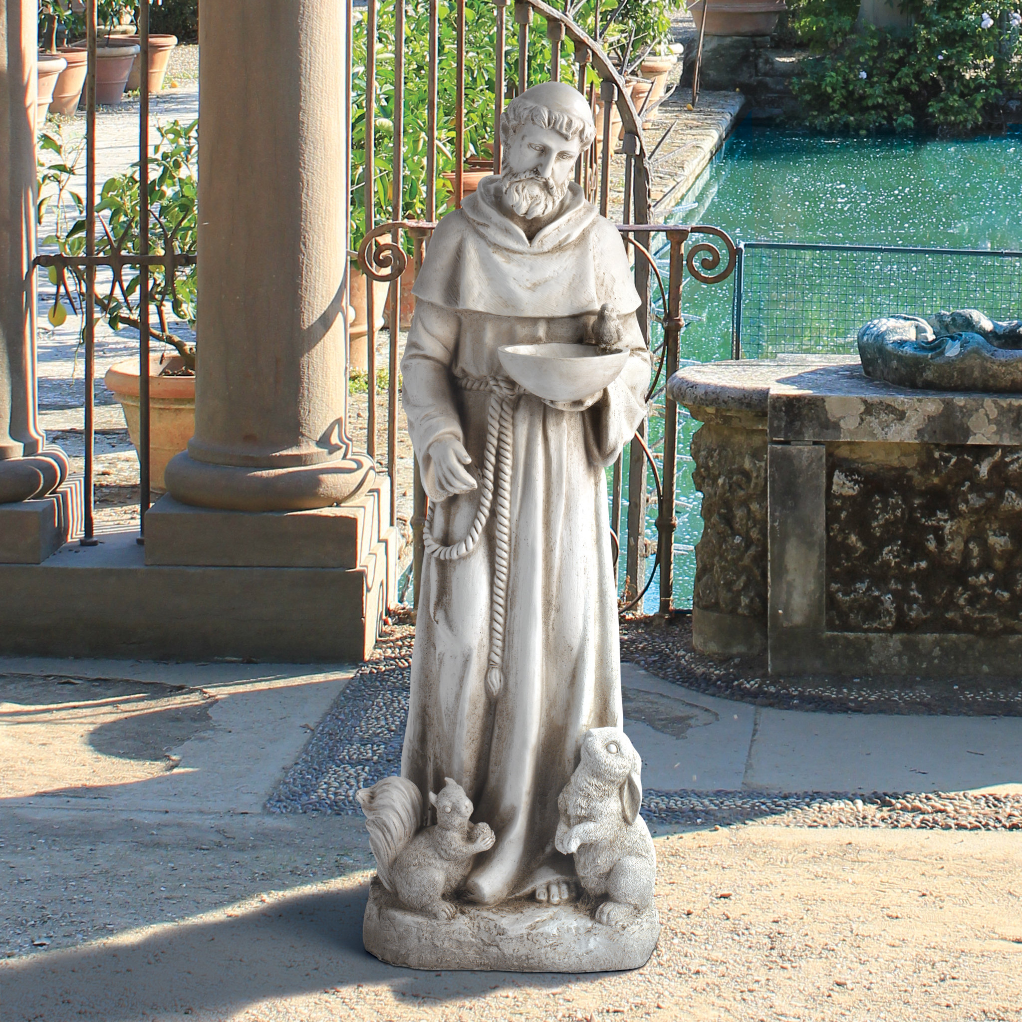 Design Toscano St. Francis Gartenstatue Mit Vogeltränke – Steingrau, 48 Cm, Aus Polyresin