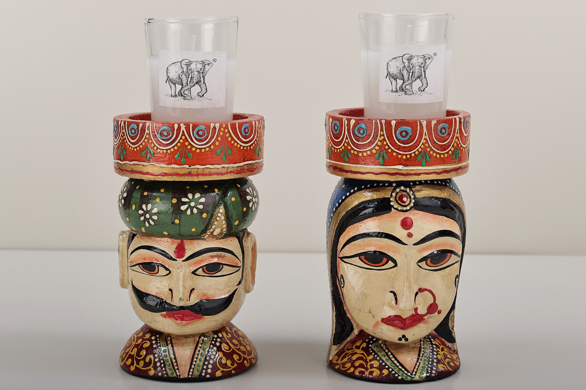 Bungalow Rose 4" Wooden Rajsthani Men Women Face Candle Stand With