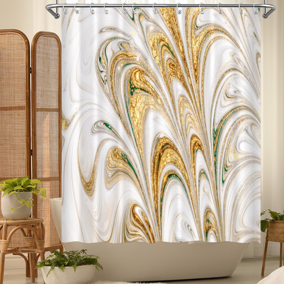 Golden Floral on Purple Bathroom Shower Curtain Waterproof Fabric & Hook 71*71" 