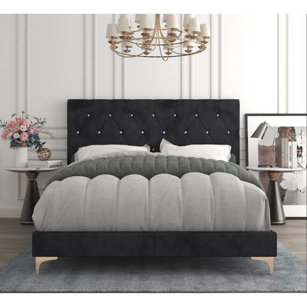 Youth Kid Teen Bedroom Twin Bed Button Tufted Crystal Headboard Black PU Leather 