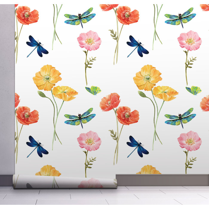 Red Barrel Studio® Poppies & Dragonflies Peel & Stick Wallpaper Roll 20