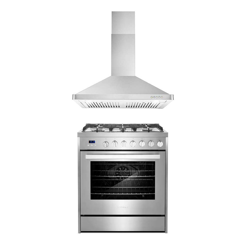 Cosmo 2 Piece Kitchen Package With 30" Freestanding Gas Range 30" Wall Mount Range Hood