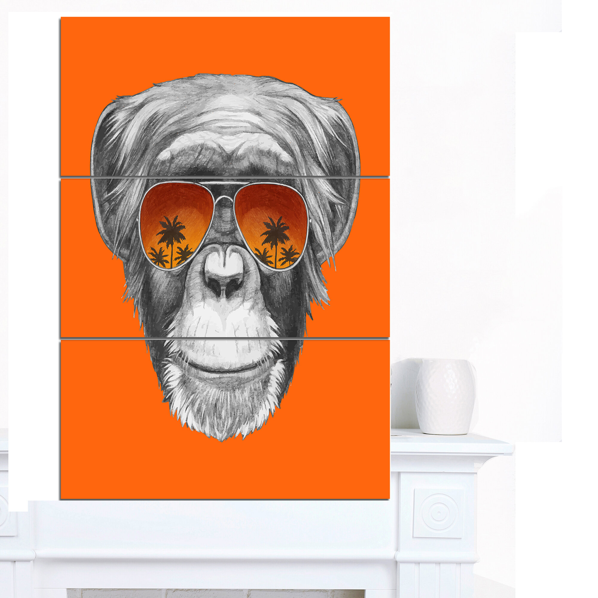 Monkey With Mirror Sunglasses - 3 Piece Wrapped Canvas Graphic Art