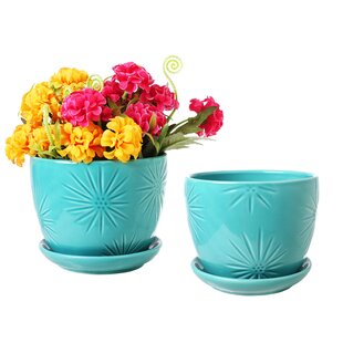 MyGift Rose Gold Starburst Design Ceramic Planter with Saucer Set of 2 