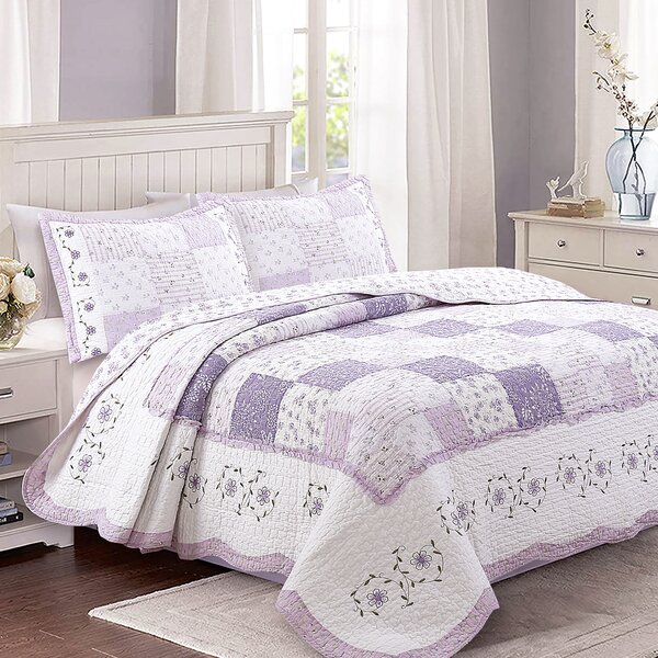NEW ~ COZY SHABBY COUNTRY PINK GREEN LEAF PURPLE LILAC LAVENDER ROSE QUILT SET 