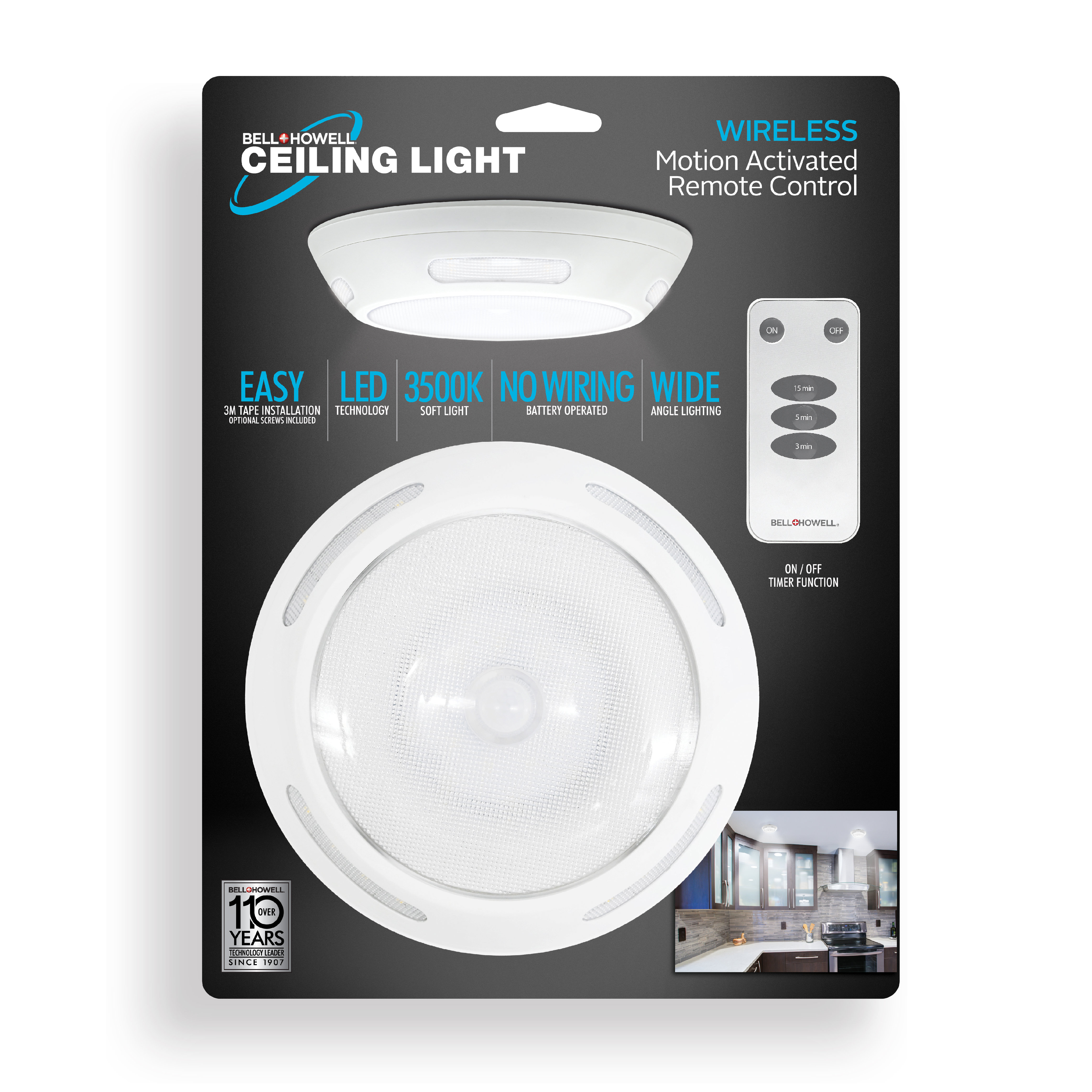 Bell 360 Wide Angle Light 3500K Soft Light 300 Lumens Remote Control Timer & Motion Functions Includes 3M Tape Howell Wireless Ceiling Spotlight LED Ceiling Light Fixture Instant Installation 
