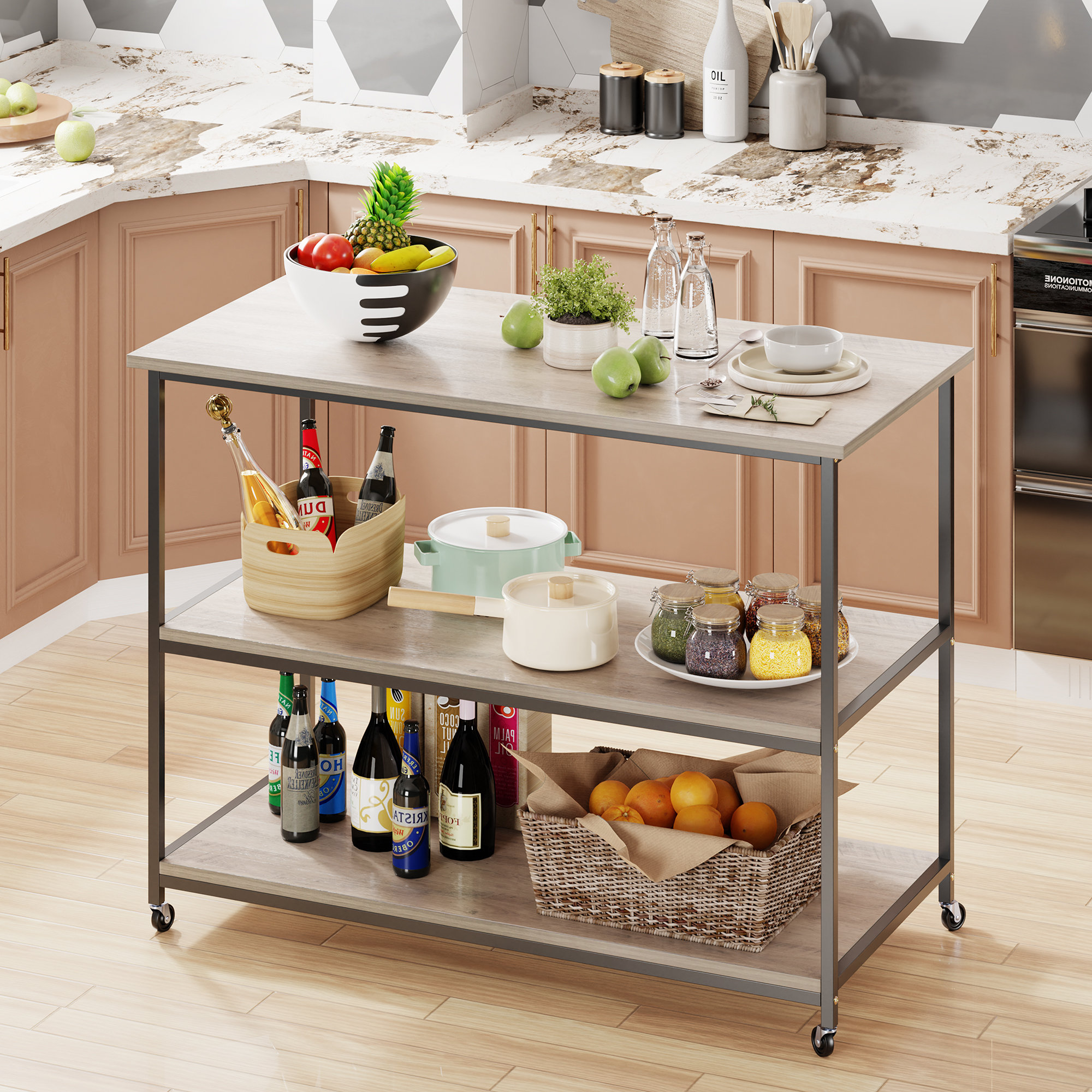 Îlot De Cuisine Mobile Avec Plan Rabattable - Blanc, 3 Tiroirs, Roulettes, Rangement Intelligent