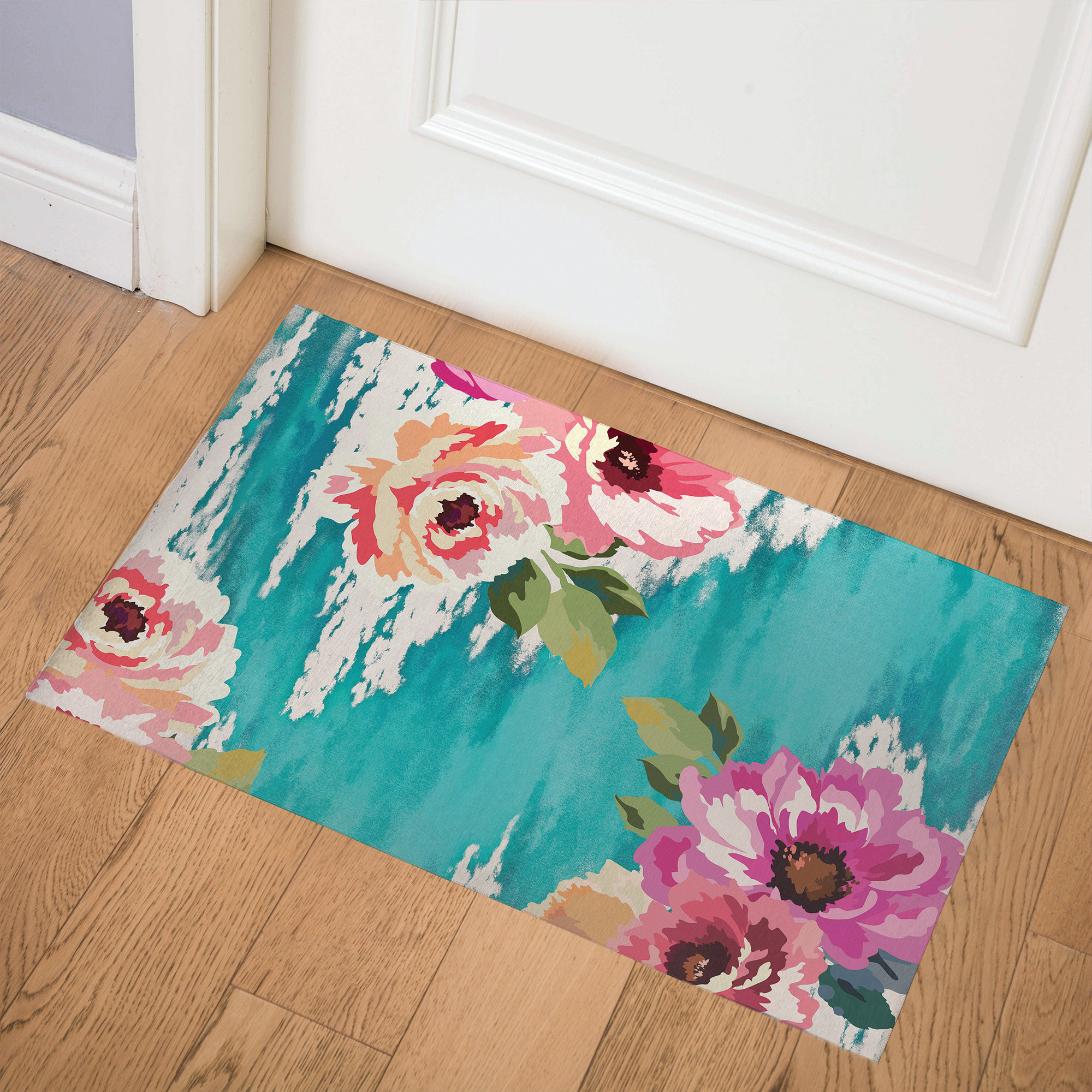 Red Barrel Studio® Yazdan Bright Floral Aqua Indoor Door Mat Wayfair