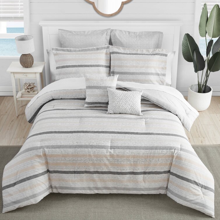 7 Piece All Season Reversible Comforter Set Grey Black Striped Queen Size Bed 