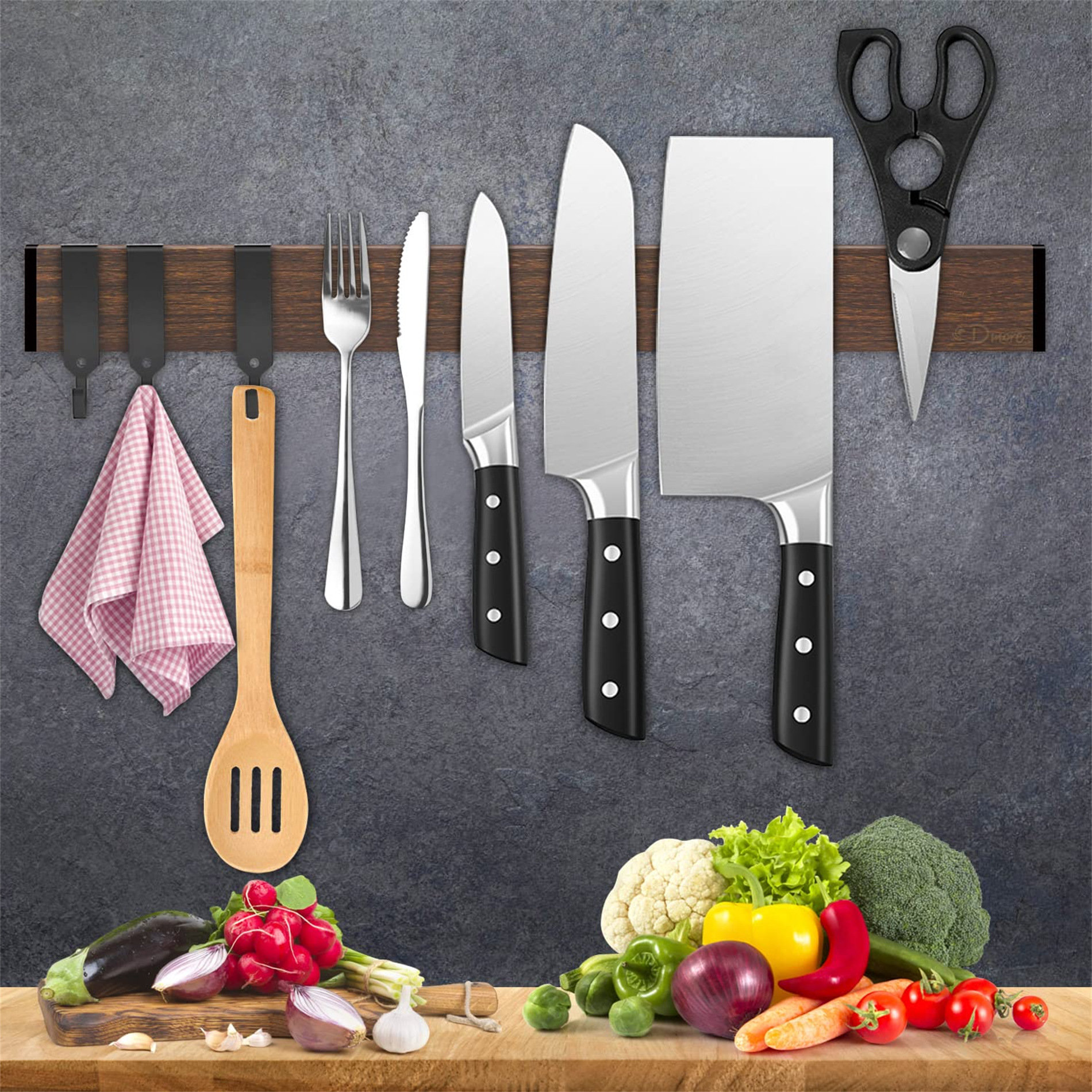 Gardenix Decor Knife Holder For Wall With 3 Hooks, No Drilling 16 Inch Walnut Grain