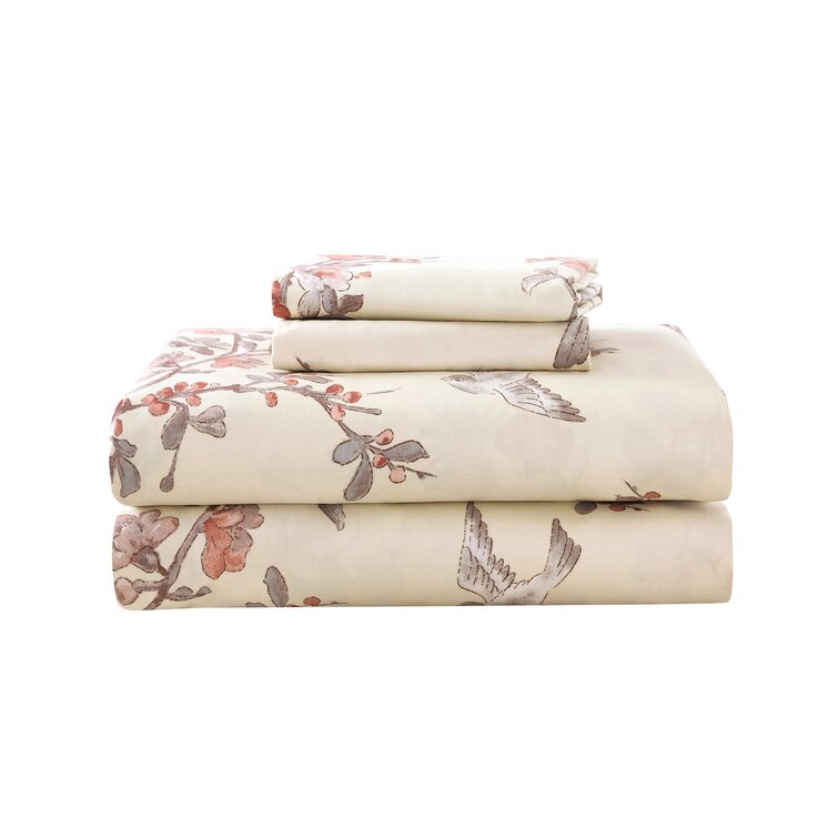 QUILT COVER SET WITH PILLOWCASE BIRDS & FLOWERS TAUPE TOILE REVERSIBLE DUVET 
