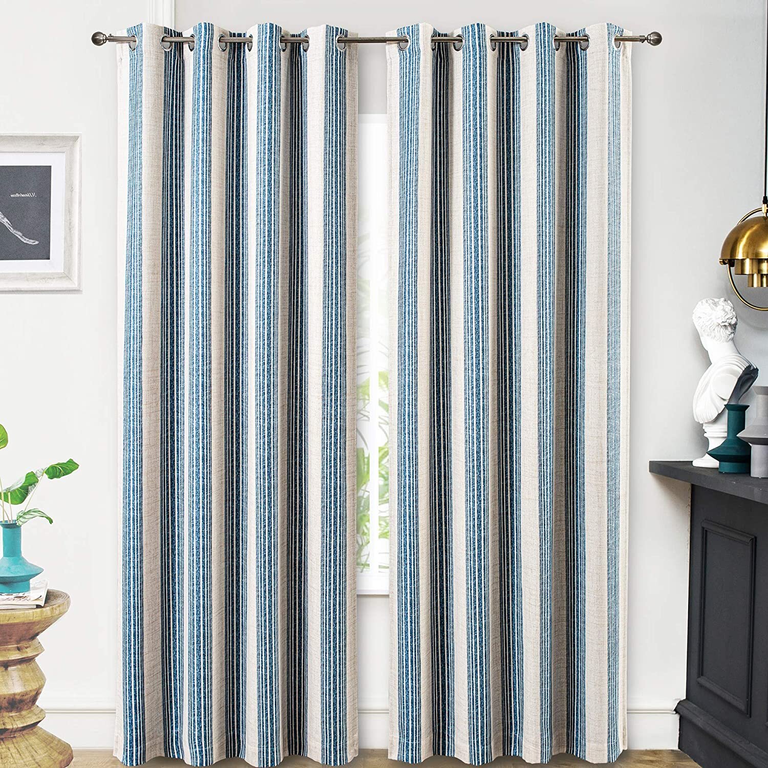 Blue Heavy Weight Linen Textured Vintage Grommet Window Curtain Set 