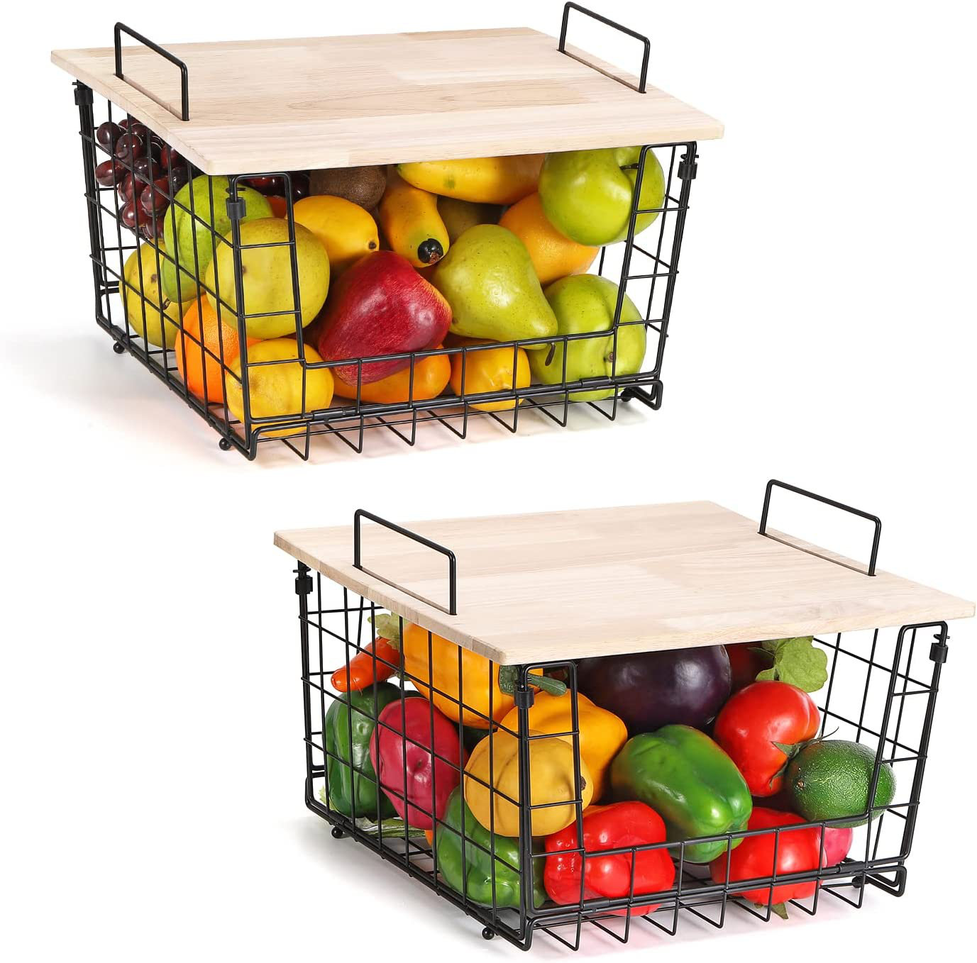 Gracie Oaks 2 Pack Kitchen Countertop Basket Organizer Produce Storage Basket With Wood Lid