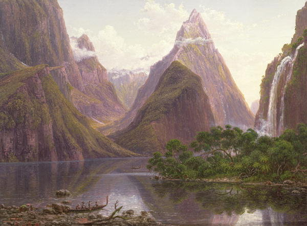 East Urban Home Poster „Native Figures in a Canoe at Milford Sound, West Coast of South Island, New Zealand, Also Depicted are Mitre Peak and Bowens Fall, 1892" von E