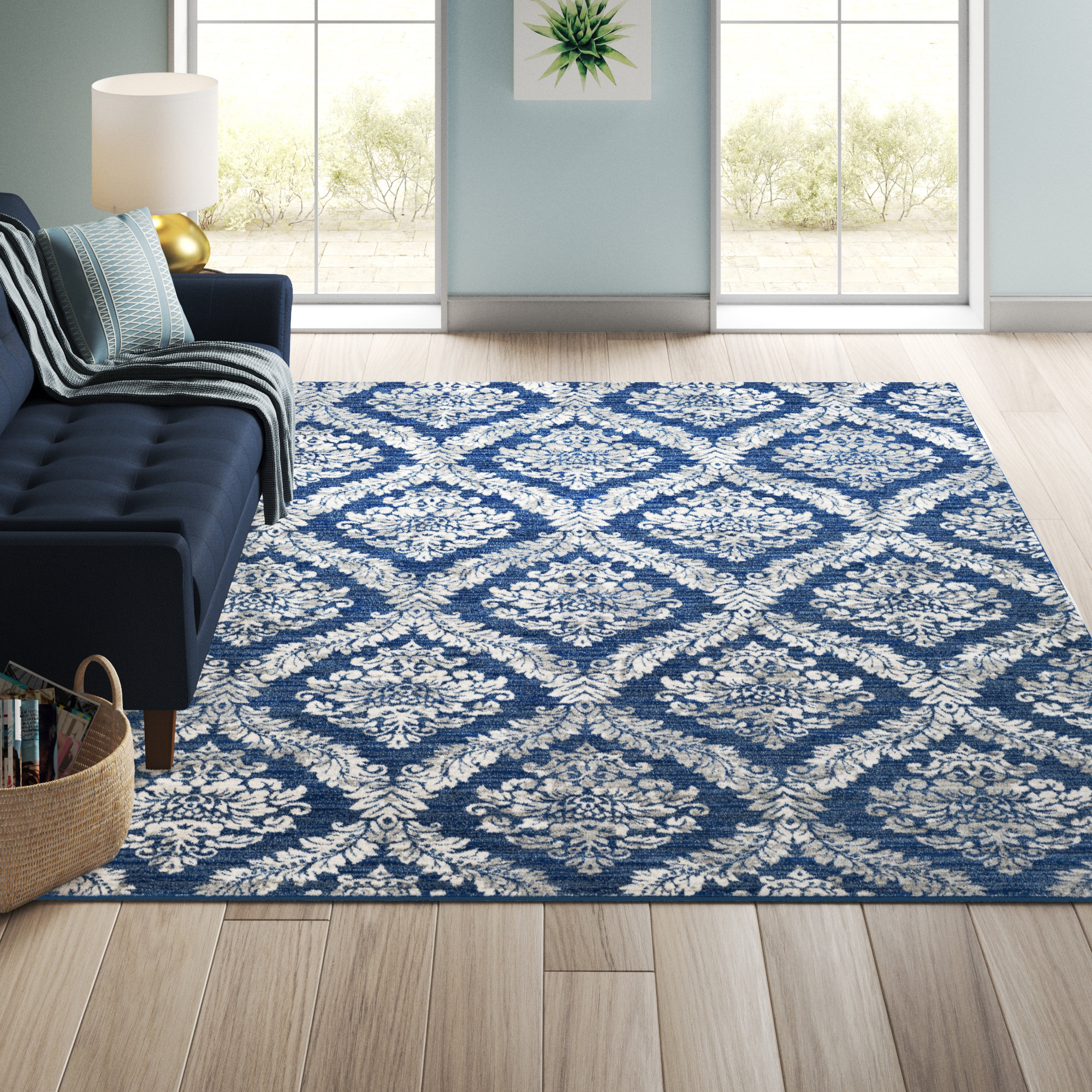 Mistana™ Hillsby Floral Area Rug in Dark Blue/Light Gray & Reviews
