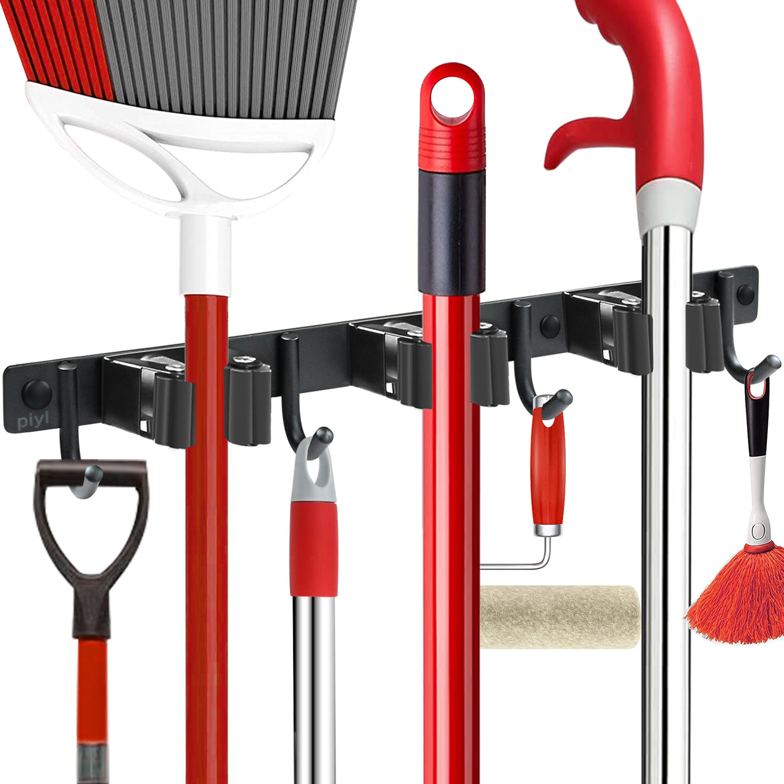 Broom Holder and Garden Tool Garage Organizer 5 Slots 6 Hooks for Rake Mop Wall 