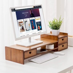 Bamboo Monitor Stand Desk Organizer With 3 Storage Drawers