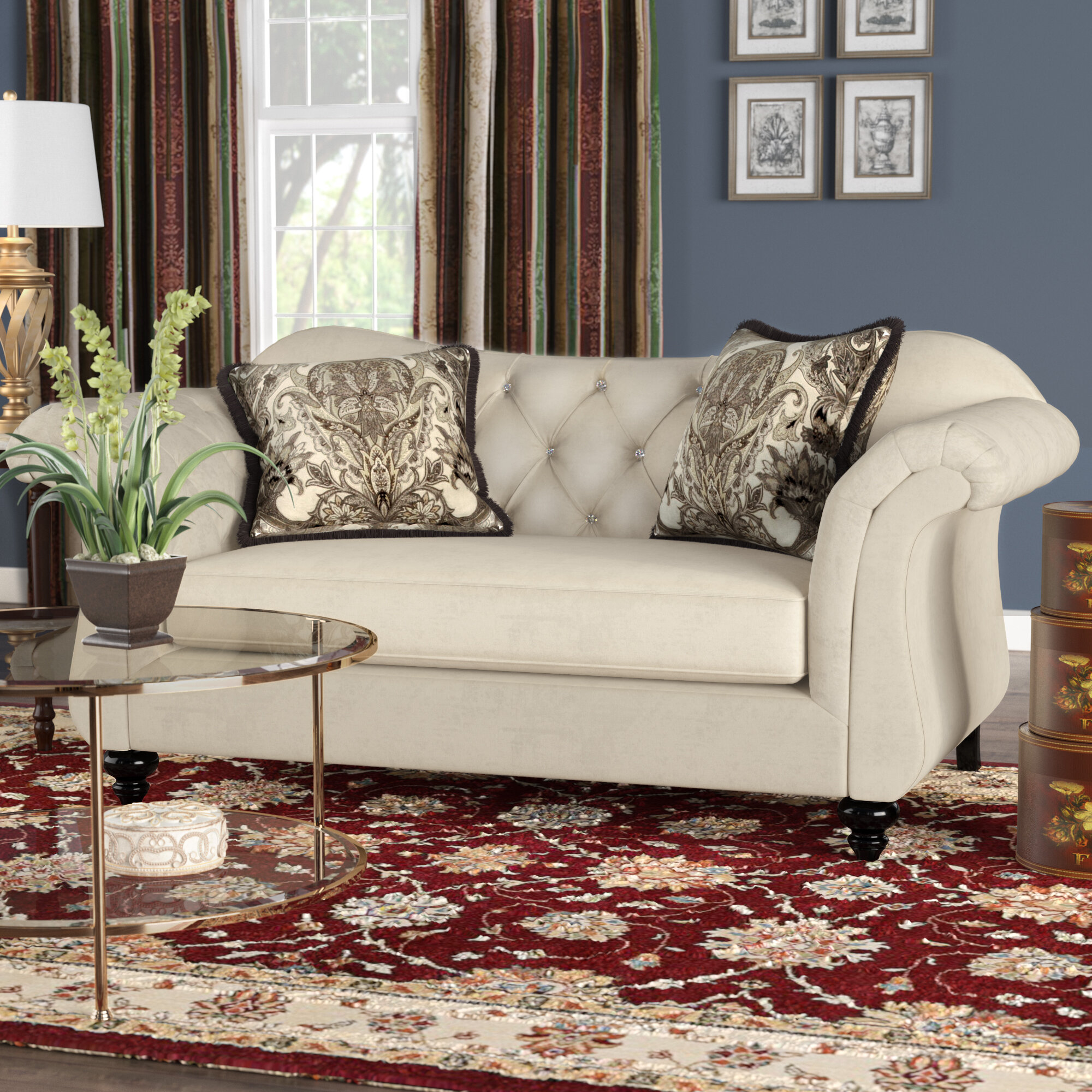 Merida 75” Chenille Rolled Arm Chesterfield Loveseat