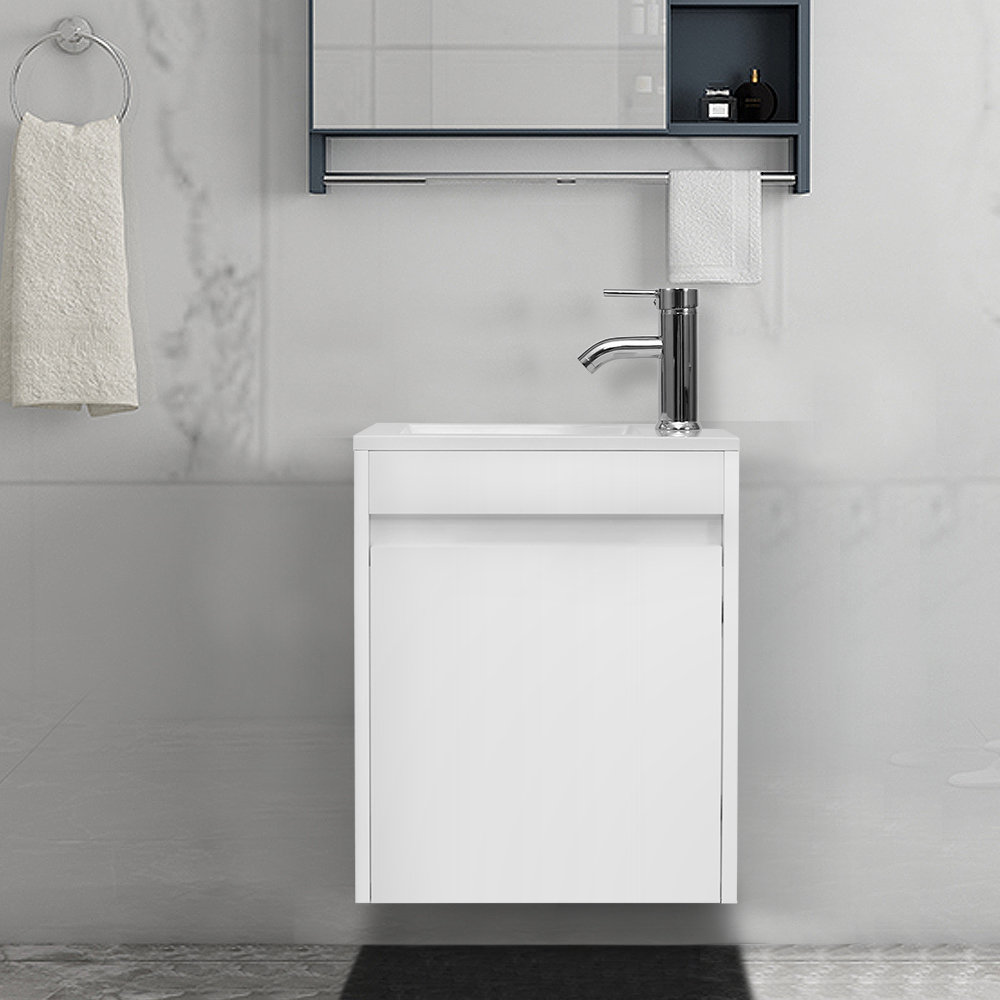 16" Bathroom Vanity Wall Mounted Black Single Cabinet w/ Resin Basin & Faucet 