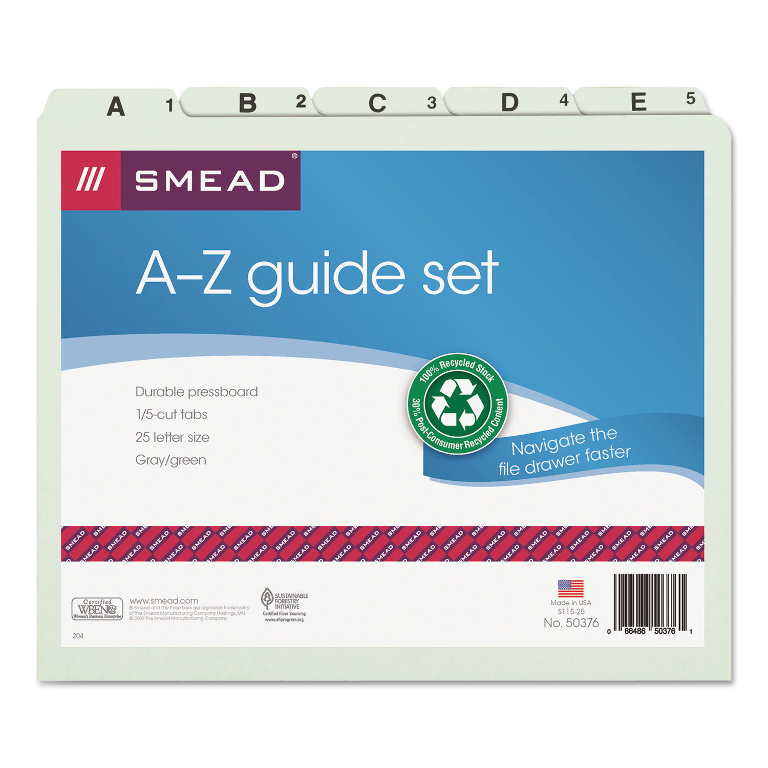 Smead Pressboard Alpha Recycled Top Tab File Guides, 1/5 Tab, 25/Set