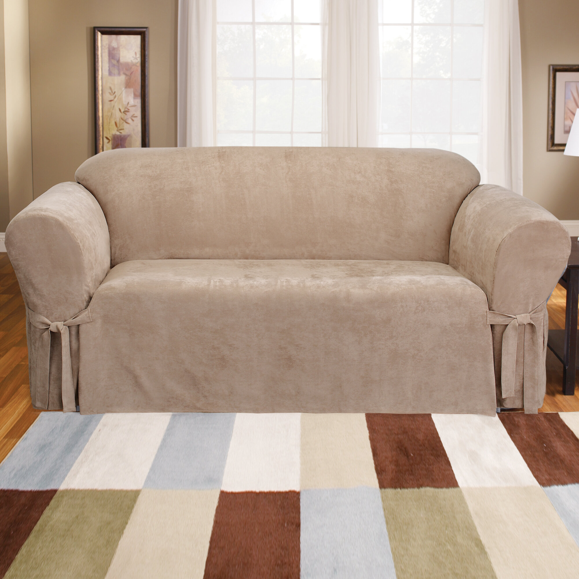 Sofa Slipcover Taupe Sure Fit Soft Suede  BOX Cushion 