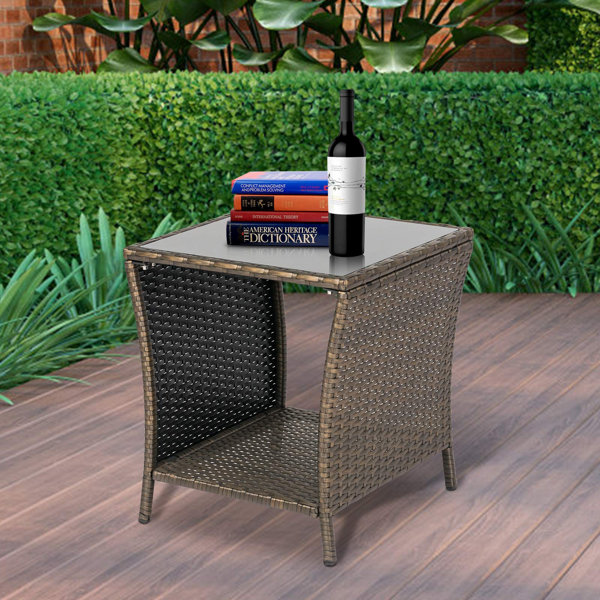 w/Glass Top Black Outdoor Square Wicker Rattan Side Tea Table Patio Furniture 