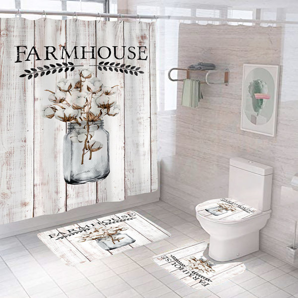 4 IN 1 Christmas Print Bathroom Shower Curtain Carpet Toilet Mat Combination Set 