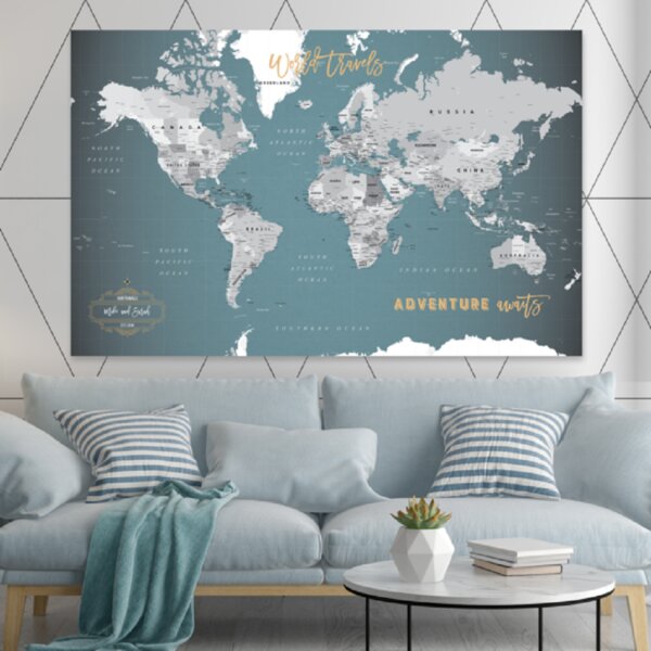 Large World Map Print Colorful Continents on Canvas Detailed World Map Poster Travel Map Wall Mural Map Customized Map for Nursery Room