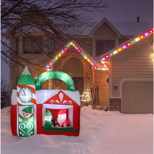 7 Ft Tall LED Light-Up Gemmy Christmas Inflatable Santas Workshop Sign 