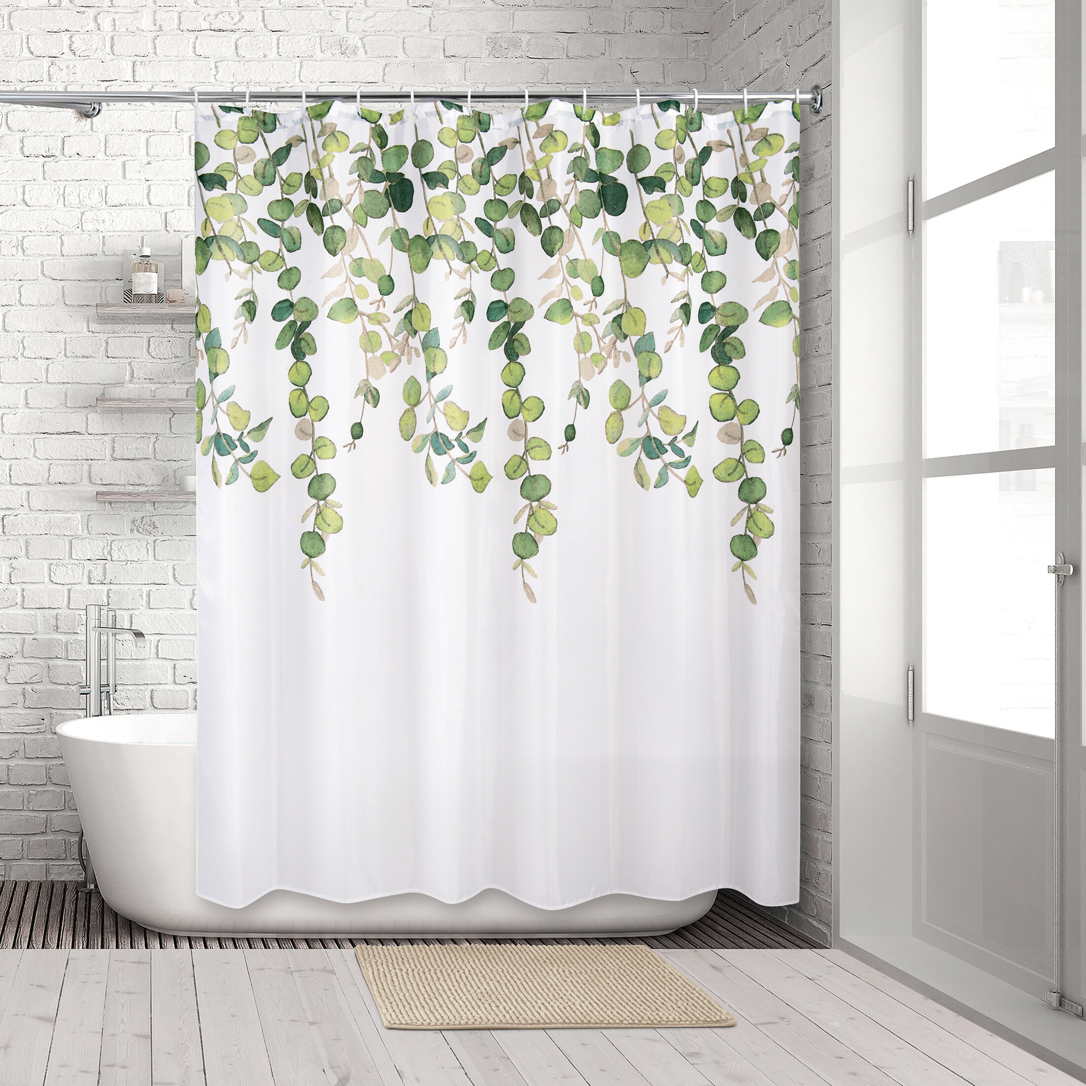 Multi Brynn 14-Piece Damask Bathroom Shower Curtain Set with Hooks and Rug 