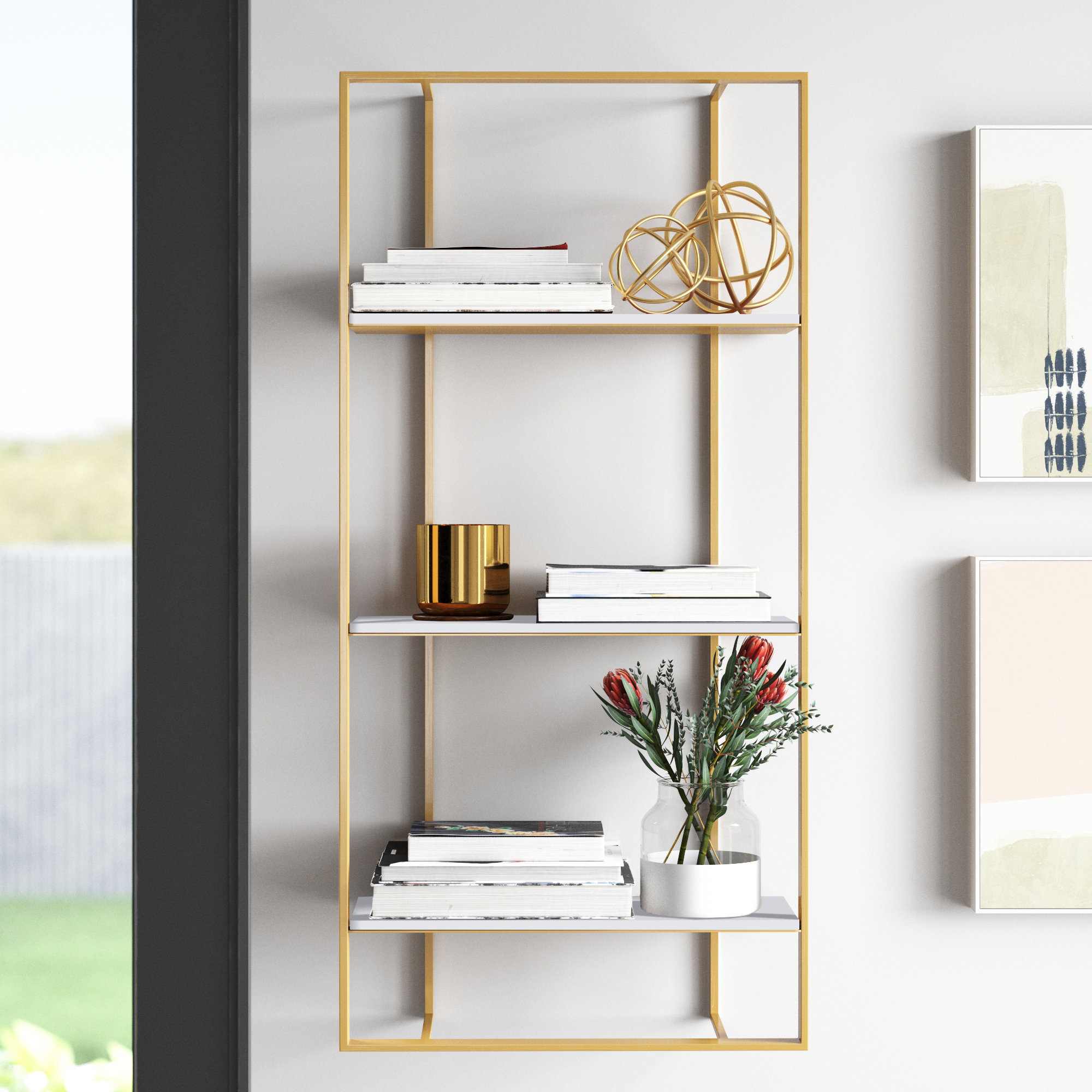 Wall Mountable Shelf Boards Metal 4-Brackets 2-Tiers 2-Shelves Gold 2-Piece 