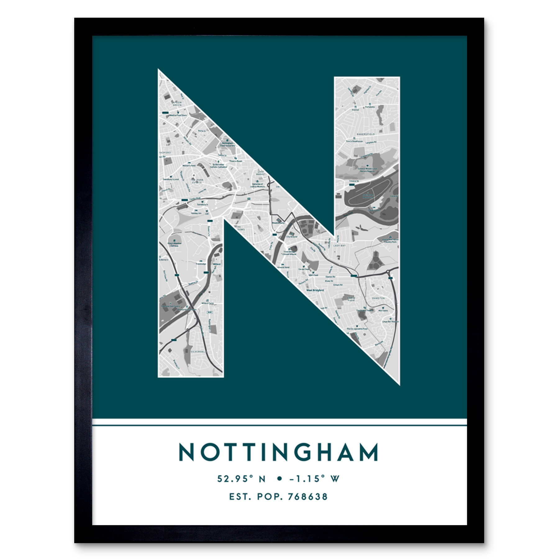 Wee Blue Coo Nottingham City Map Nottingham Teal by Wee Blue Coo