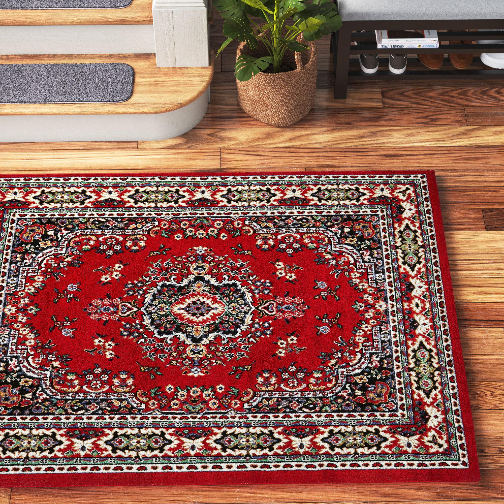 Red Traditional Oriental design Rug Machin Washable Flat weave Rug Mats 
