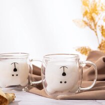Happy Bear White Cute Mugs Bear Tea Cup Milk Cup Bear Tea Cup Double Wall Glass Coffee Cup 8.4 oz Insulated Glass Espresso Cup Gifts for Mothers Day Birthday Girl Friend Present and Office Cup 