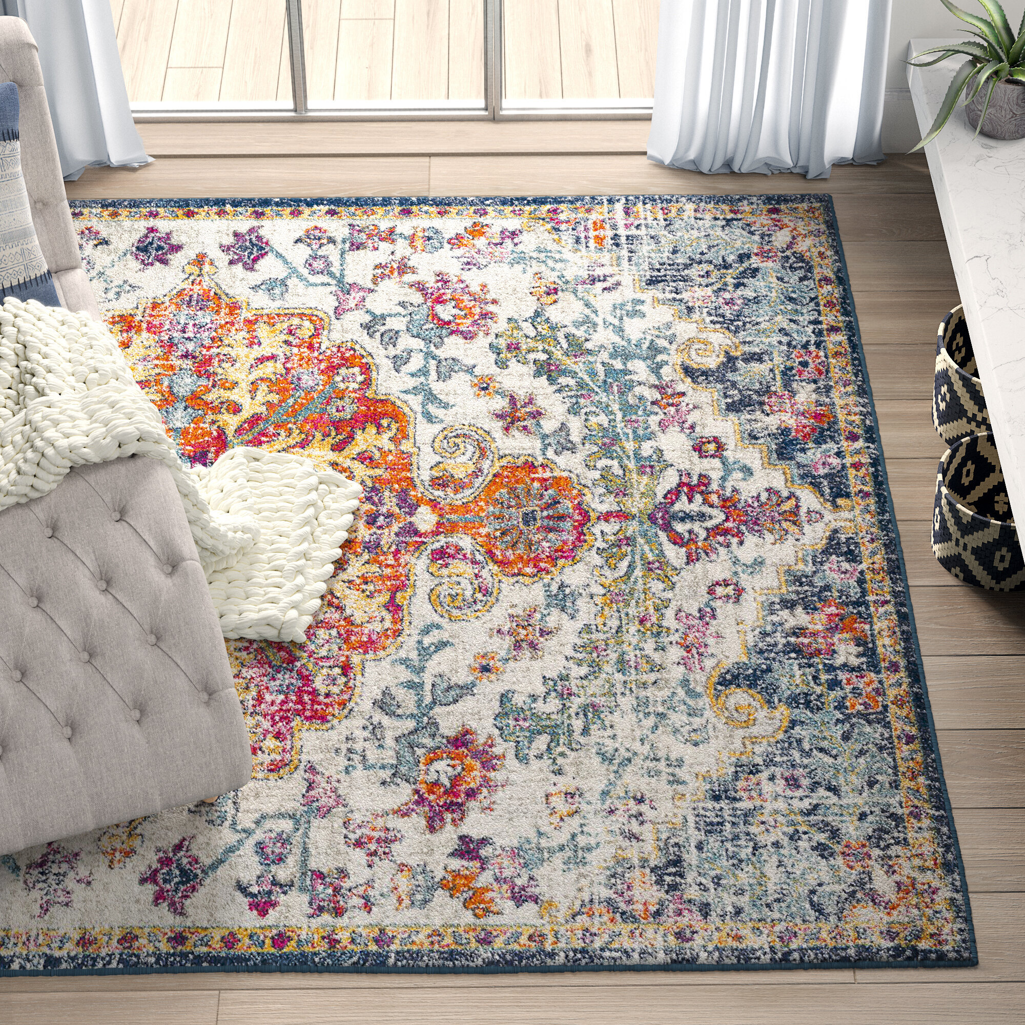 Extra Large Area carpet A2Z Rug|Santorini Blue Medallion Design With Floral Border|Sitting Room Modern Vintage Classic Area Rug|Soft Short Medium Pile|240x330cm 7'10x10'10ft