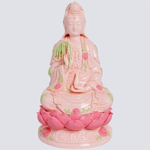12"Chinese Dehua Colored Porcelain Lianhua Kwan-yin Guanyin Buddha Lotus Statuem 