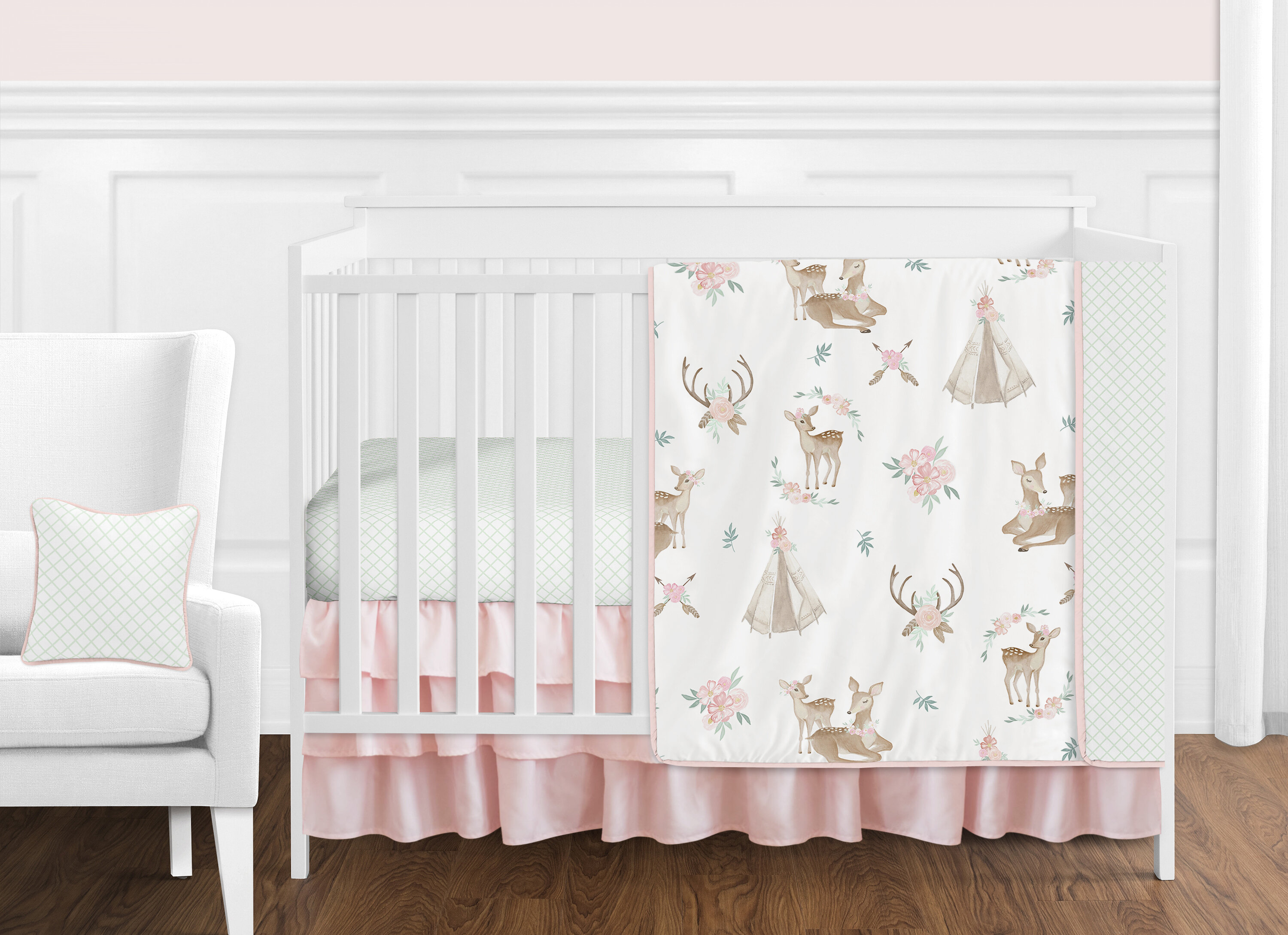 Sweet Jojo Designs Crib Bed Skirt Dust Ruffle for Grey and White Woodland Deer for Baby Boys Bedding Sets 