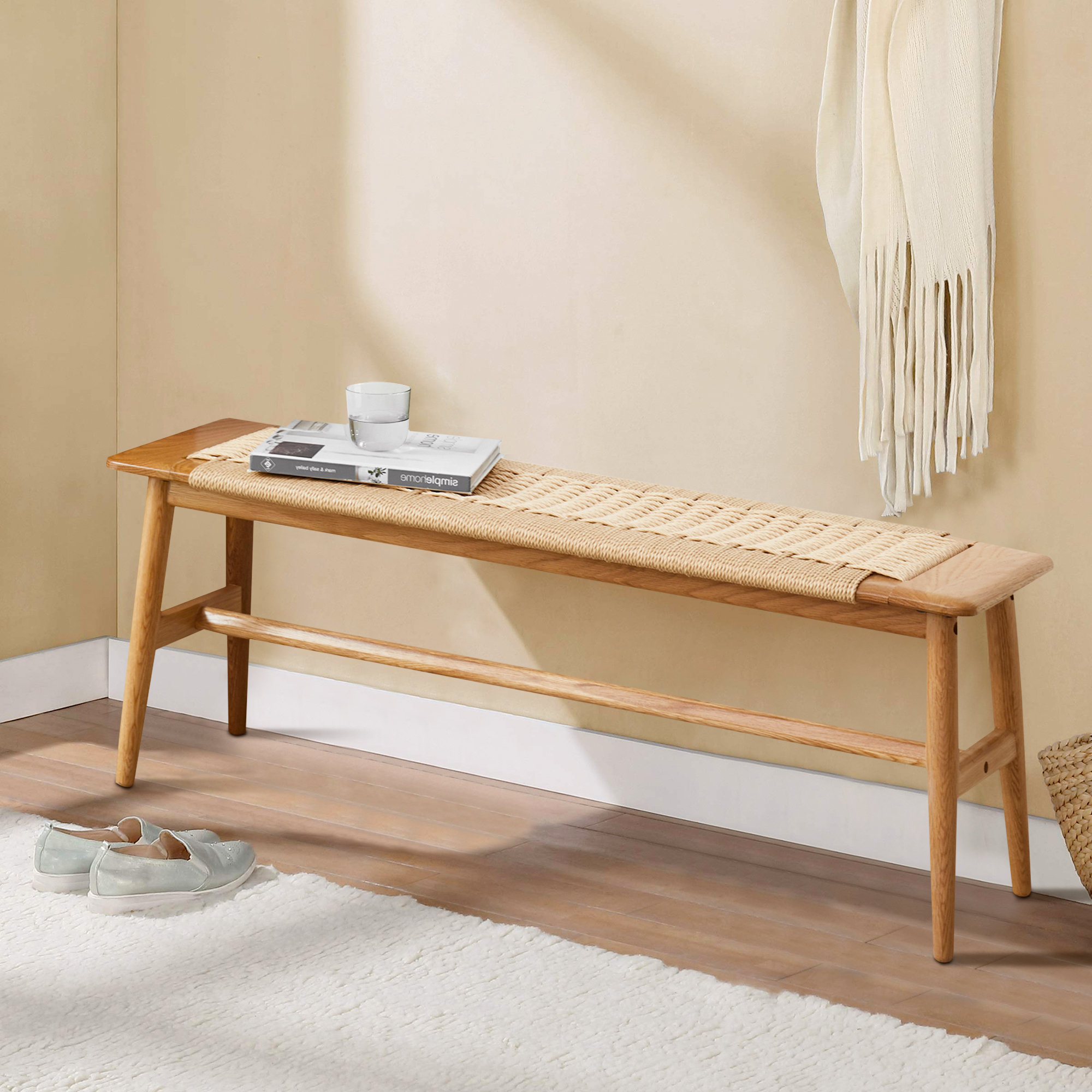 Oliver Ersela 32" Rustic Farmhouse Wood Bench, Rattan Natural