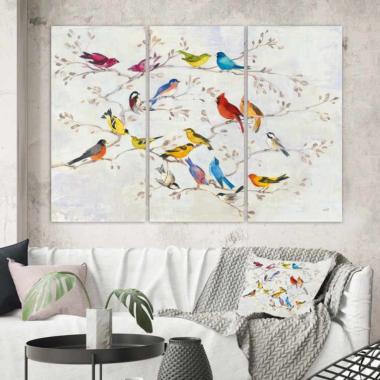 East Urban Home Multi-Color Bird On Tree - 3 Piece Wrapped Canvas Painting  & Reviews | Wayfair