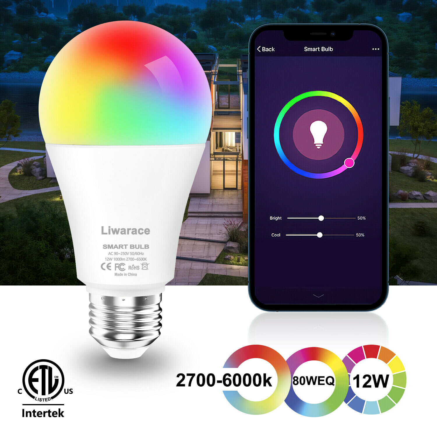 2Packs WiFi Smart Light Bulb Dimmable Multicolor Wake-Up Lights Google Home App 