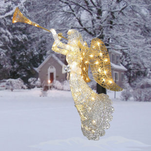Unused Christmas Card Glittery Snowy Angel in Holly Pine Halo Praying 
